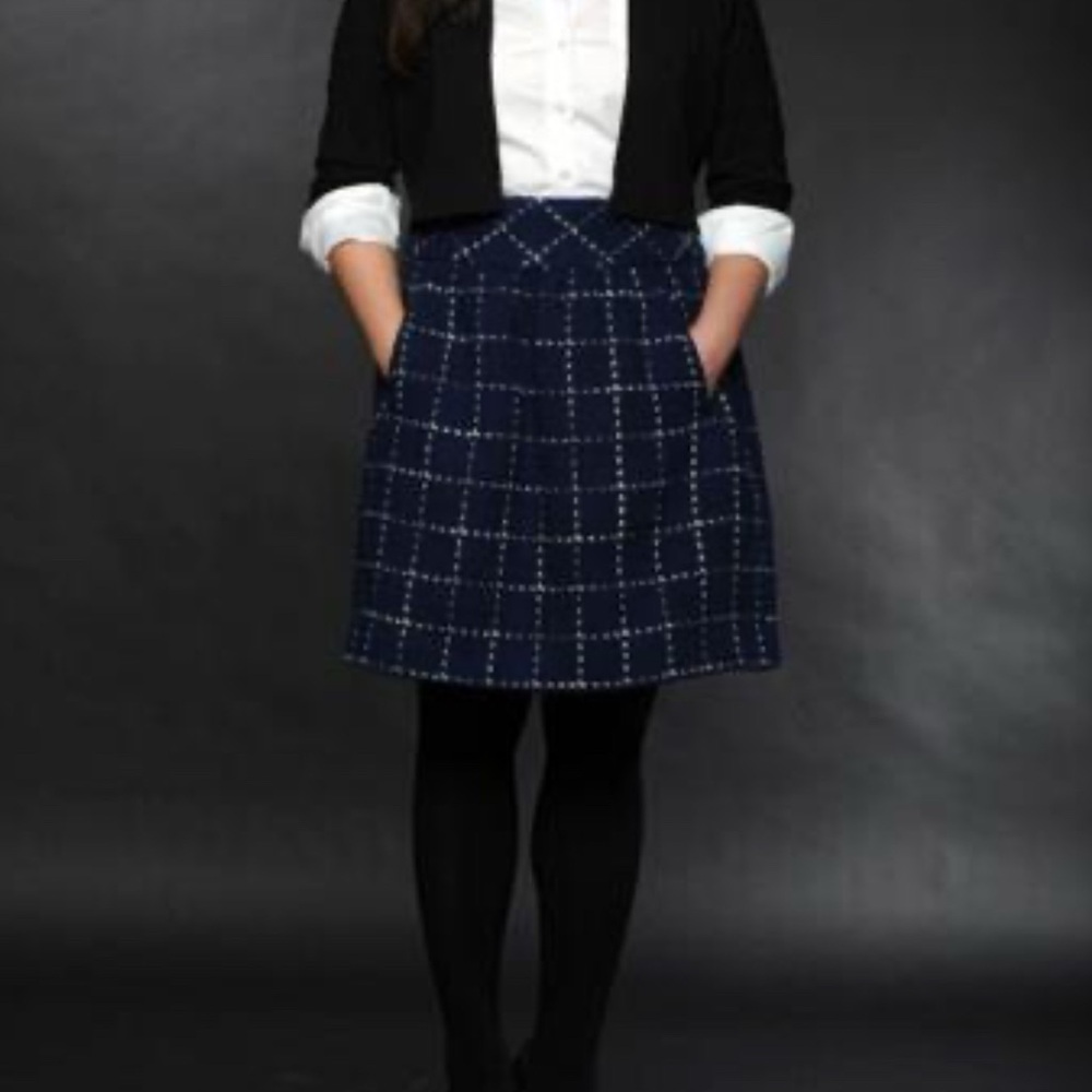Anthropologie Maeve Navy Grid A-Line Wool Blend Skirt